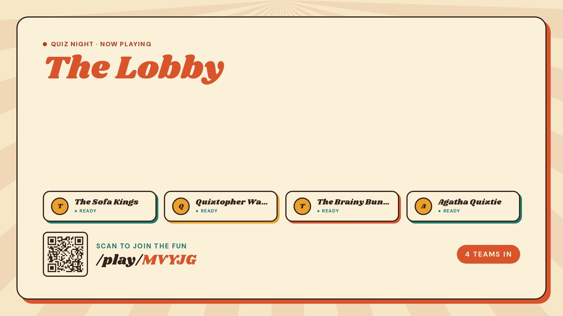 The quiz lobby on the big screen, showing the game code, QR code and teams ready to play.