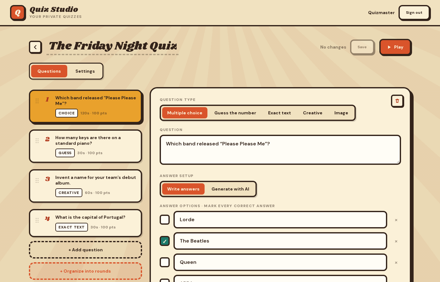 Quiz Studio editing The Friday Night Quiz, with its question list, question types and answer options.