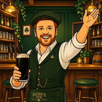 The Quizmaster raising a hand and holding a pint in a cozy pub.