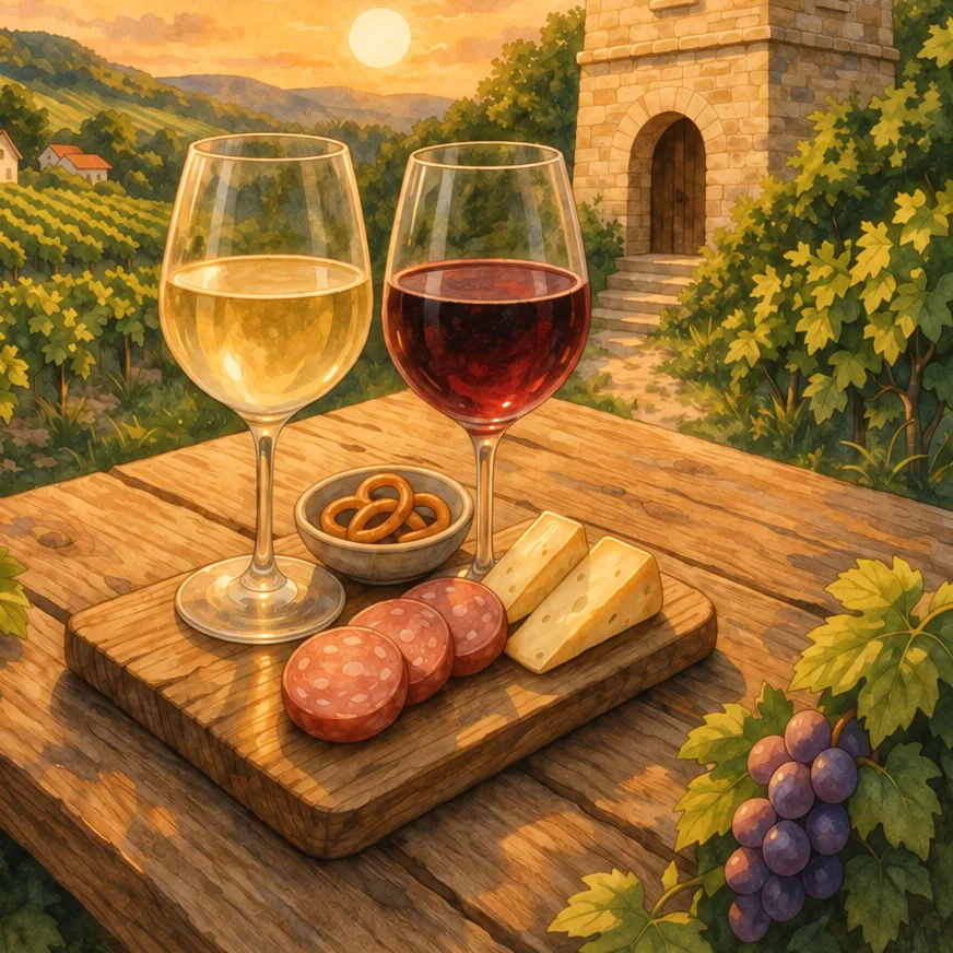 A glass of white and a glass of red wine on a wooden table with pretzels, salami and cheese, in front of vineyards and a stone tower at sunset.