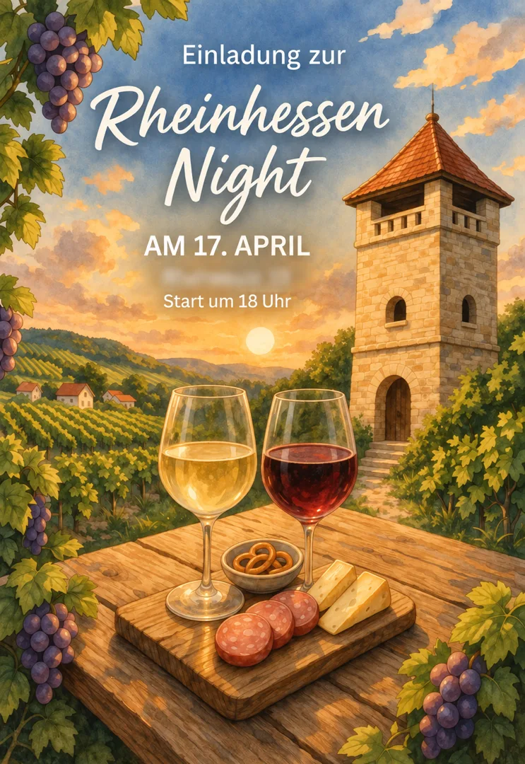 The Rheinhessen Night flyer: white and red wine, pretzels, salami and cheese on a table between vineyards and the Wöllstein water tower, with the date and start time