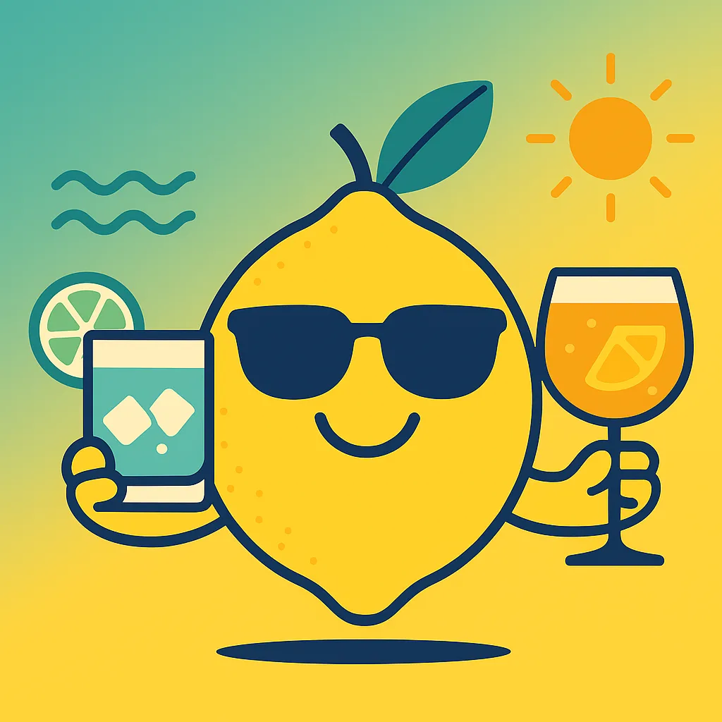 A smiling lemon in sunglasses holding a Gin Tonic and a Limoncello Spritz under the summer sun.